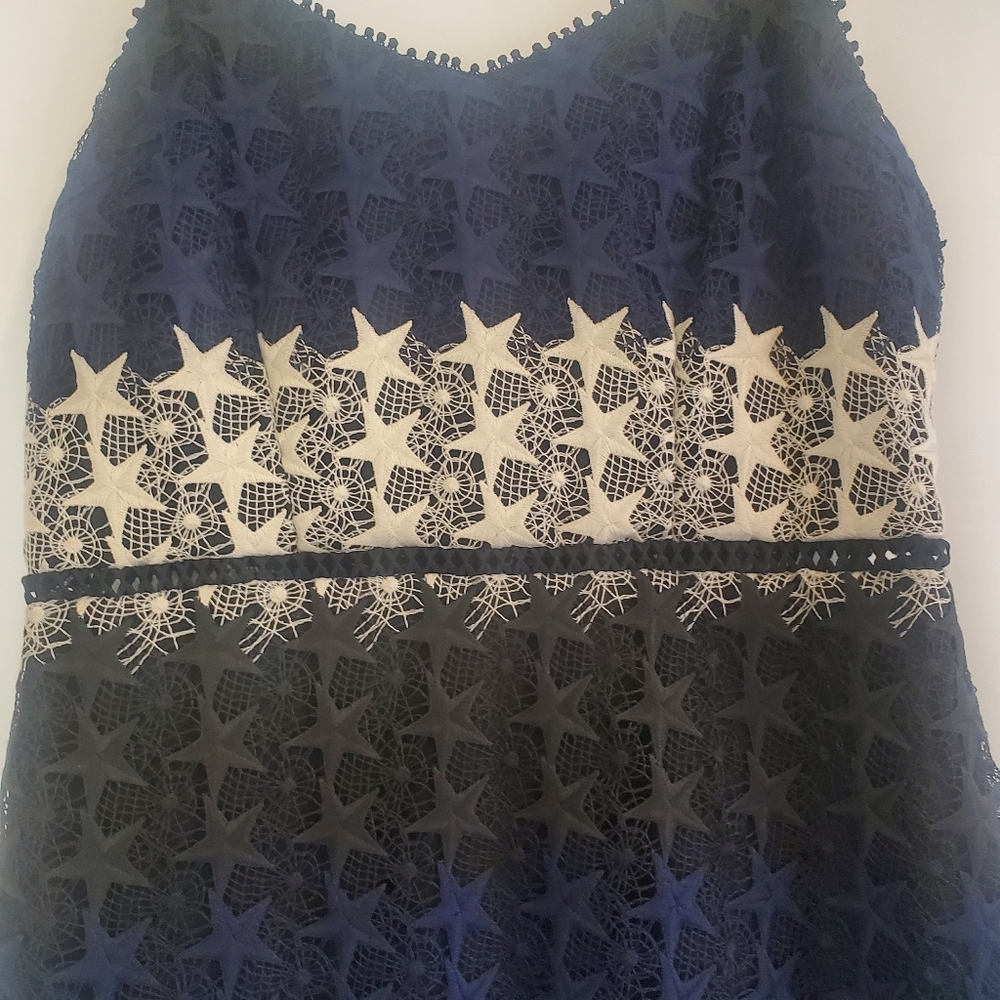 BEBE Size 10 Stars & Stripes adjustable straps empire waist crochet mini dress - Picture 6 of 10